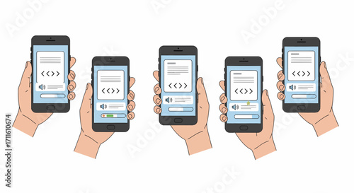 Multiple Smartphones Displaying Audio Playback Controls.