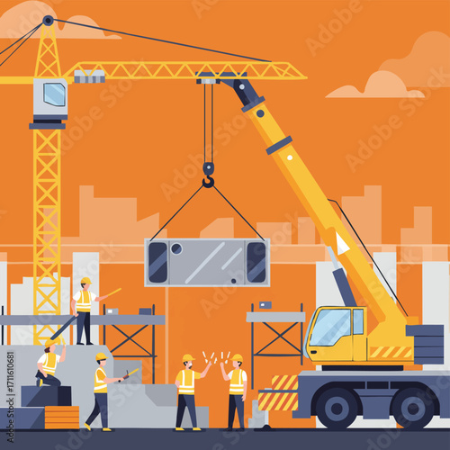 This detailed illustration depicts a busy construction site with multiple workers, large cranes, and building components, highlighting teamwork in urban development.