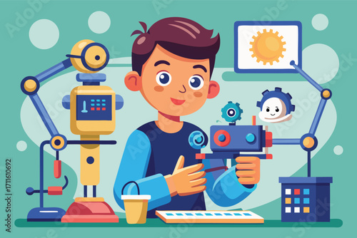 Young boy engaging in robotics project with colorful tools and gadgets in a creative workspace