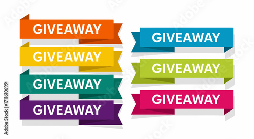Set of colorful giveaway banners with a folded ribbon design for marketing and promotion.