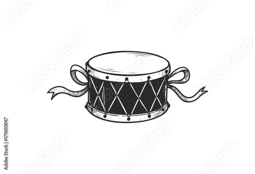 Black and white sketch of a drum with ribbons and detailed decorations - stock vector