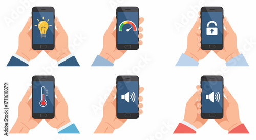 Set of hands holding smartphones with various application icons for light speed security temperature and volume.