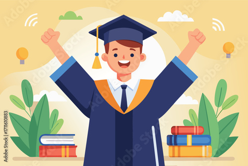 Happy graduate celebrating achievement in colorful environment with books and plants