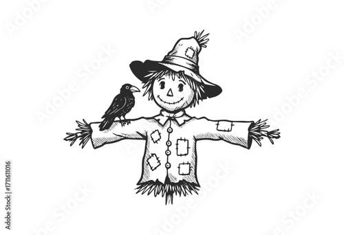 Ink drawing of classic scarecrow with patchwork shirt and crow - stock vector