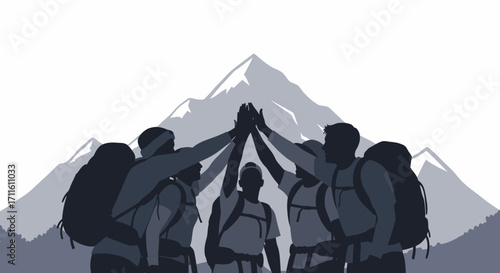 Team of Hikers Celebrating Summit with High Five Silhouette.