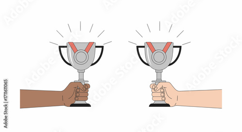 Two diverse hands holding identical silver trophy cups with red ribbon medals.