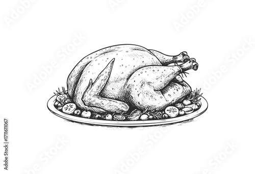 Vintage sketch of a whole roasted chicken on a platter with vegetables - stock vector