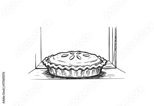 Vintage sketch of a freshly baked pie on a windowsill - stock vector