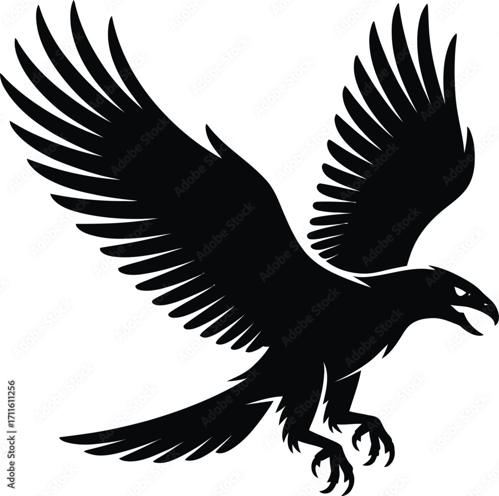Obraz premium Powerful Eagle Silhouette Illustration Soaring High Black Vector Design with Detailed Wings and Talons for Graphic Projects and Creative Applications