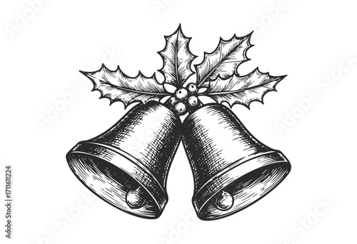Vintage christmas bells with holly leaves and berries, festive holiday design - stock vector