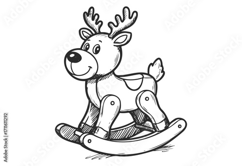 Wooden rocking reindeer toy: playful sketch drawing of holiday fun - stock vector