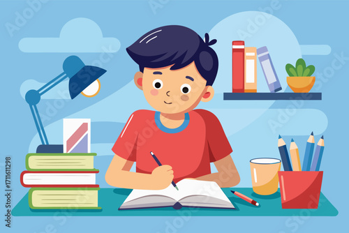 Young boy studying at a desk with books and stationery in a bright room during afternoon