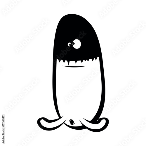 A cartoon monster with a black head and white body displaying sharp teeth and small tentacles below it