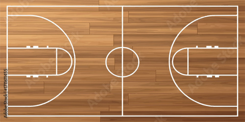 Illustration of a basketball court floor featuring realistic wood texture background and sharp white lines