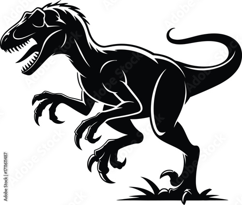Fearsome Raptor Silhouette Illustration A Black Vector Depiction of a Predatory Dinosaur Against a Neutral Backdrop for Paleontology Designs