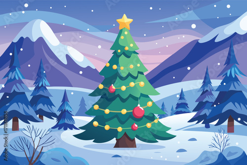 Winter scene with a decorated Christmas tree in a snowy landscape at twilight
