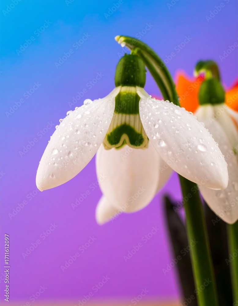 Obraz premium Dewdrop Snowdrop Closeup, Spring, Purple Background