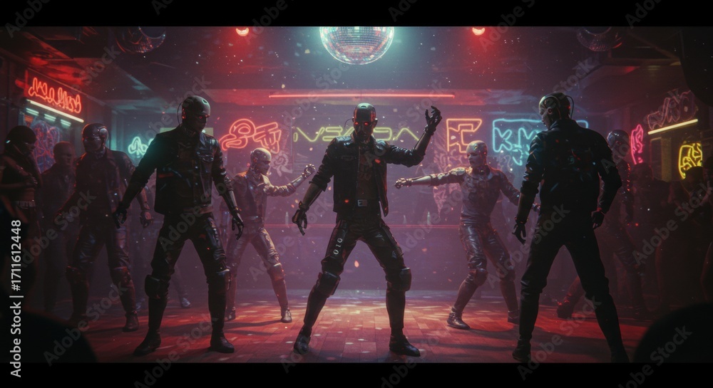 Fototapeta premium A vibrant nightclub scene with a group of people dancing energetically