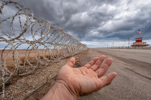 Man's hand reaching toward barbed wire fence and cloudy sky on deserted roadside
