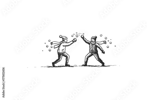 Two young males engaged in snowball fight wearing winter clothing - stock vector