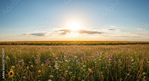 Fototapeta Naklejka Na Ścianę i Meble -  A vast, golden wheat field under a bright blue sky with scattered white clouds. The sun is low, casting a warm glow over the landscape.