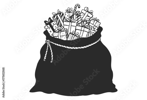 Santa's sack overflowing with gift boxes and candy cane - stock vector