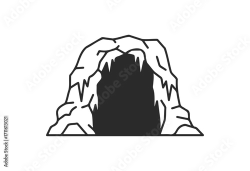 Simple black and white cave drawing with jagged rocks and dark entrance - stock vector