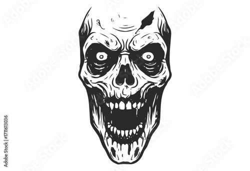 Monochrome scary skull with hollow eyes and menacing grin - stock vector