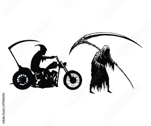 Grim Reaper's Ride A Dark Silhouette of Death on a Motorcycle Alongside the Iconic Figure of Death Itself Wielding a Scythe