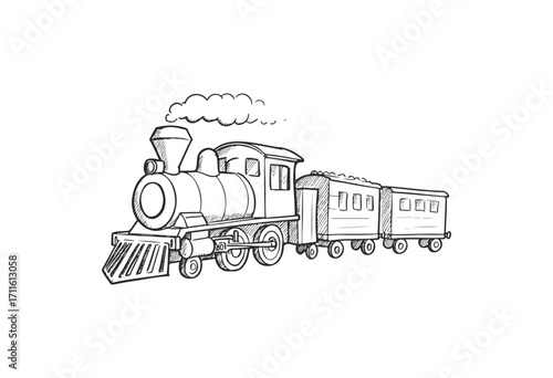 Black and white sketch of vintage steam train with two passenger cars - stock vector