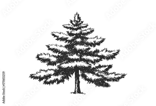 Vintage evergreen tree illustration with detailed foliage and trunk - stock vector