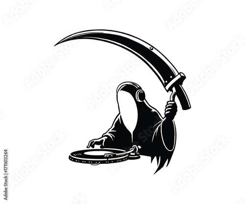 Grim Reaper DJ Mixing Tracks with a Scythe Illustration for Music Death Metal and Halloween with Headphones and Turntable