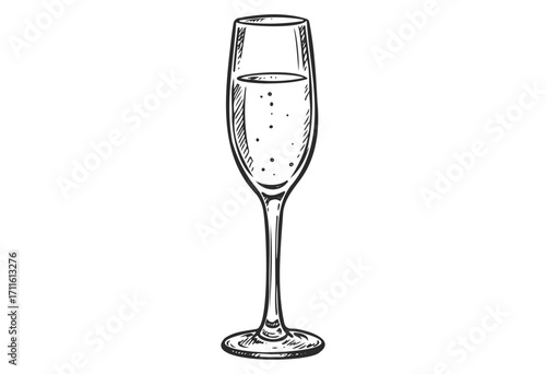 Hand-drawn champagne flute with bubbles in black and white illustration - stock vector