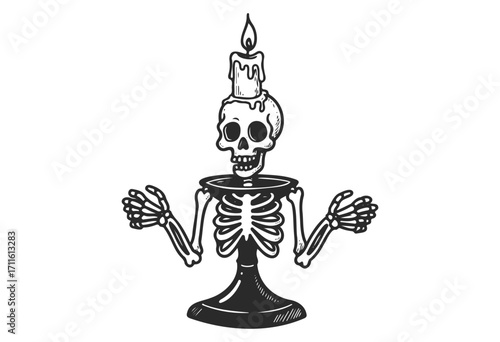 Vintage skeleton candelabra illustration with candle and dripping wax - stock vector