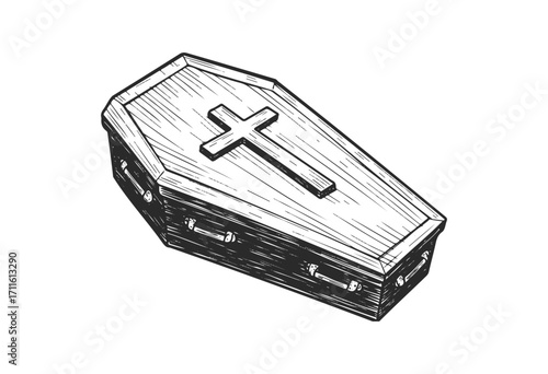 Detailed black ink sketch of coffin with cross - stock vector