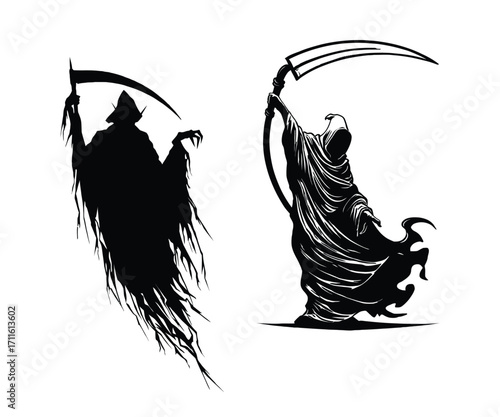 Grim Reapers Silhouetted in Black and White A Study in Contrast and the Macabre Depiction of Death