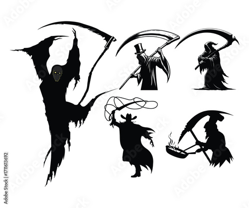 Silhouette Collection of Grim Reapers and a Cowboy with a Whip Against White