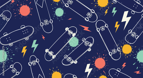 Skateboarding mania backdrop showcasing vibrant skateboards and lightning bolts pattern