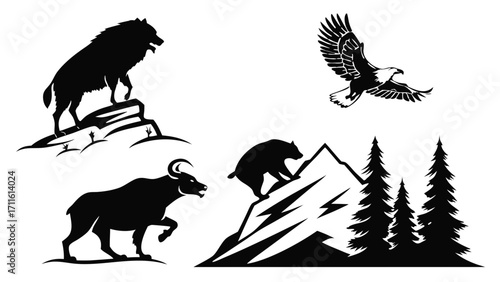 Horse and Rider Silhouette Sticker Set – Wild Horse, Mustang, Cowboy on Horse, Running Herd and Reindeer, Black Vector Icons for Logos, Outdoor Brands and T-shirt Designs