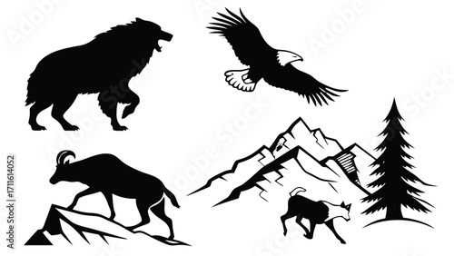 Horse and Rider Silhouette Sticker Set – Wild Horse, Mustang, Cowboy on Horse, Running Herd and Reindeer, Black Vector Icons for Logos, Outdoor Brands and T-shirt Designs
