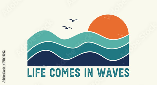Embrace the journey with this captivating ocean wave design featuring a radiant sunset