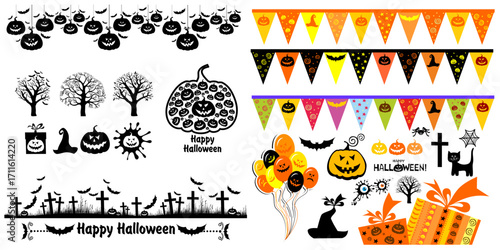 Happy Halloween! Collection of design elements isolated on White background. Perfect for scrapbooking, greeting card, party invitation, poster, tag, sticker kit.  illustration 