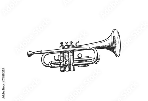 Detailed hand-drawn trumpet sketch with valves and bell in black ink - stock vector