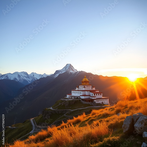 Picturesque view of the Key Gompa Monastery (4166 m) at sunrise. Spiti valley, Himachal Pradesh, India.