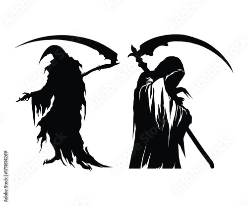 Dark Figures of Death Grim Reapers Holding Scythes in Black Silhouettes The Embodiment of Mortality and the Inevitable End