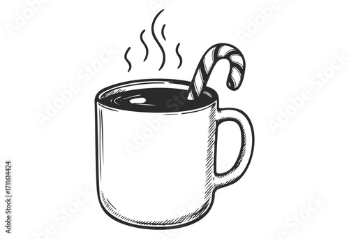Hand-drawn steaming coffee mug with candy cane stick illustration - stock vector
