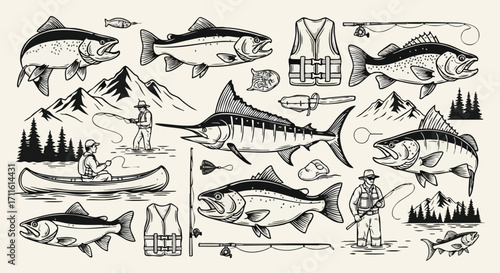 Vintage fishing illustration featuring trout, marlin, equipment, and a serene mountain backdrop