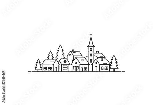 Simple line drawing of quaint village with church and pine trees - stock vector