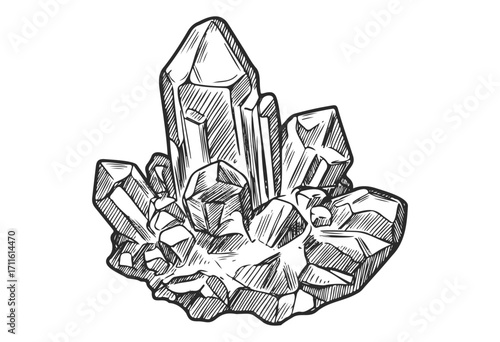 Hand-drawn crystal cluster sketch: detailed mineral formation art - stock vector