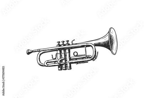 Detailed black and white trumpet drawing with intricate valves and mouthpiece - stock vector
